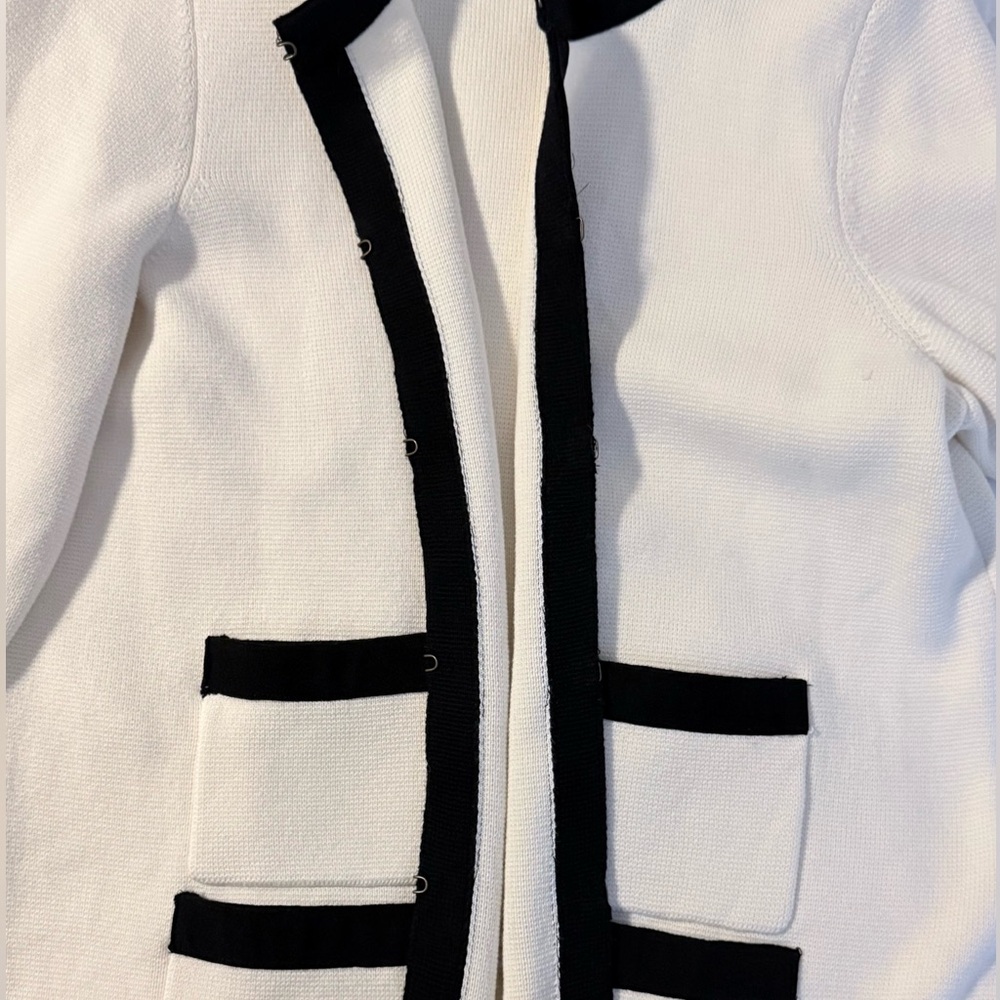 Talbots Ivory Black Trim Sweater Jacket Hook Eye Cardigan Knit X (1X) - Picture 7 of 8